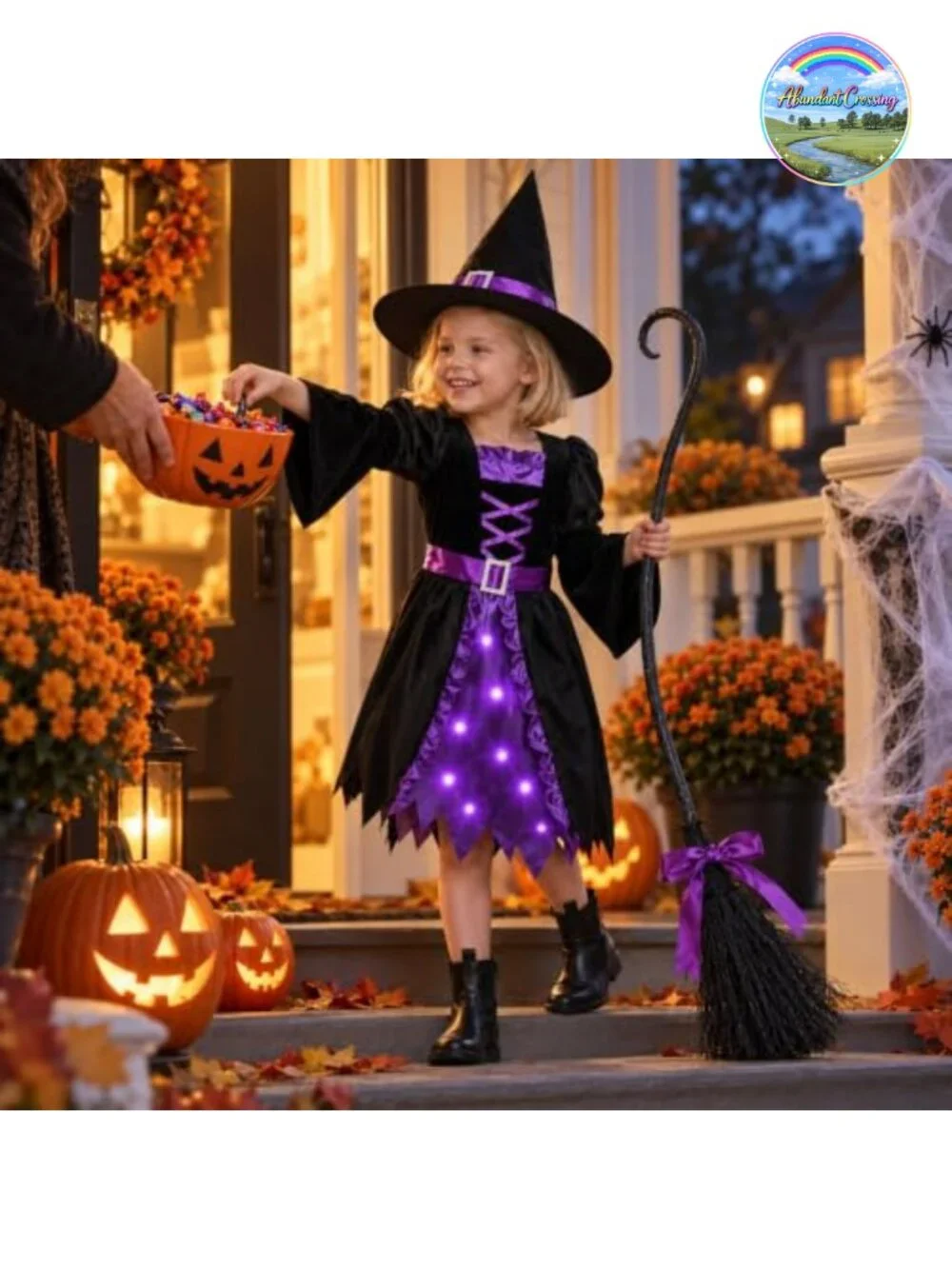 Girls Witch Costume Light-Up Dress with Hat Wand Halloween Role Play